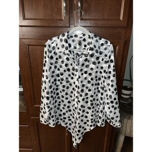 allison daley tops large Long Sleeve Button Up Sheer Black And White Polyester